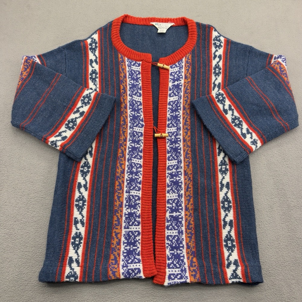 Vintage 70s Kmart Southwestern Cardigan Womens L Red Blue Stripe Boho Geometric